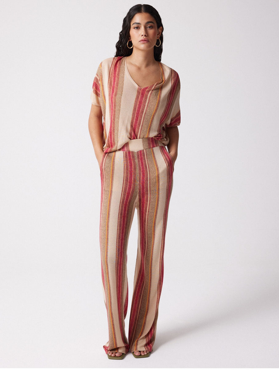 Notshy Hose Streifen Kaschmir-Modal-Mix Beige Grün Türkis Straight Fit Model 2