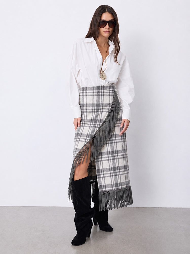 Notshy Kaschmir Karo Fransenrock Gris Clair Gris Foncé Hellgrau Dunkelgrau 100% Kaschmir Straight-Fit Midi Model