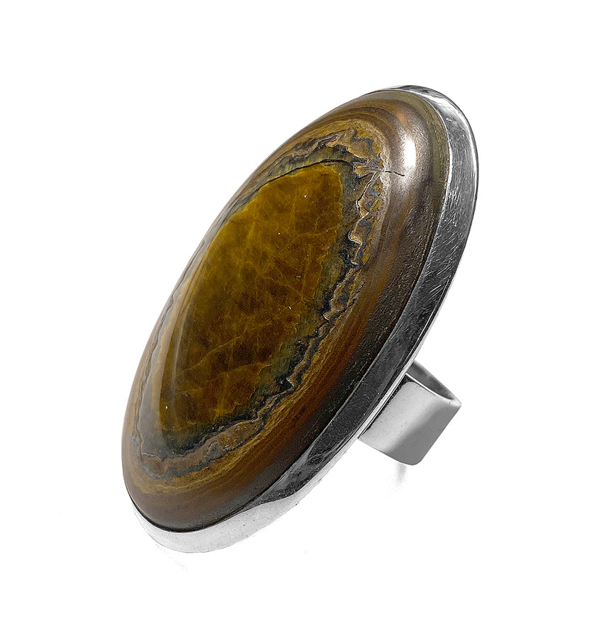 Obsidian-Ring Groß Oval 925 Sterling Silber Unikat Größenverstellbar Seitlich