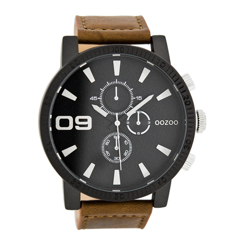 OOZOO Chronograph Schwarz Plattiert Lederarmband Braun Zifferblatt Schwarz 50 mm C9033
