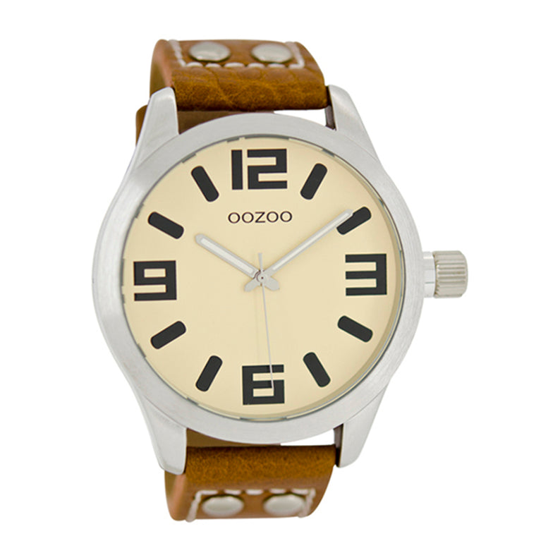 OOZOO Uhr Edelstahlgehäuse Lederarmband Braun Zifferblatt Beige Große Ziffern 46 mm C1052
