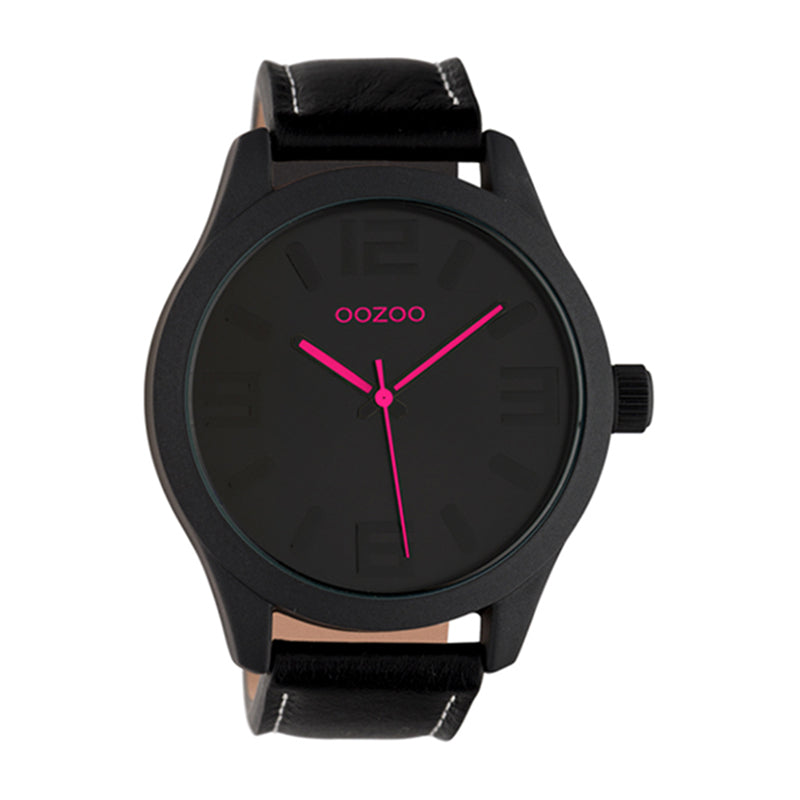 OOZOO Uhr Schwarz Plattiert Lederarmband Schwarz Zeiger Pink 46 mm C1068