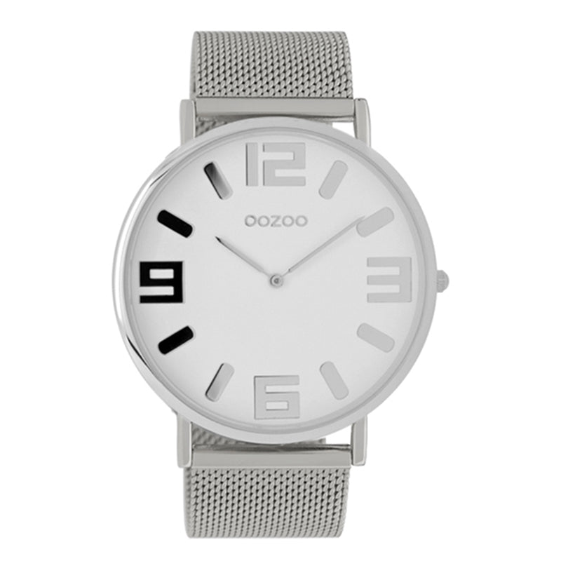 OOZOO Uhr Ultra Slim Flach Mesh-Armband Edelstahl Zifferblatt Weiß 48 mm C8854