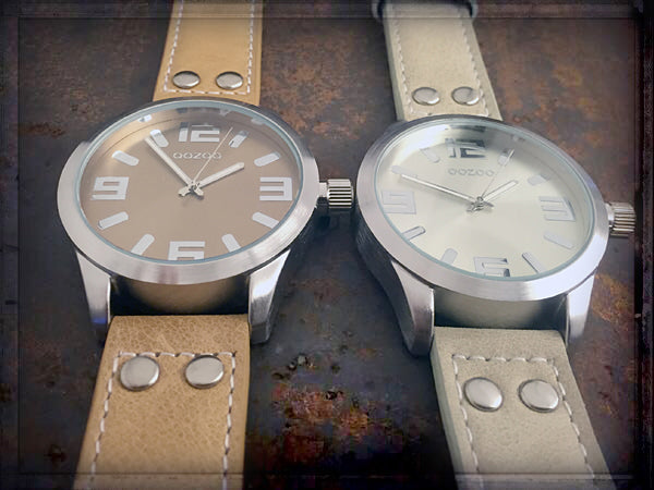 OOZOO Uhren Sandfarben Beige Natur Camel Edelstahlgehäuse Lederarmband Große Ziffern 51 mm 46 mm