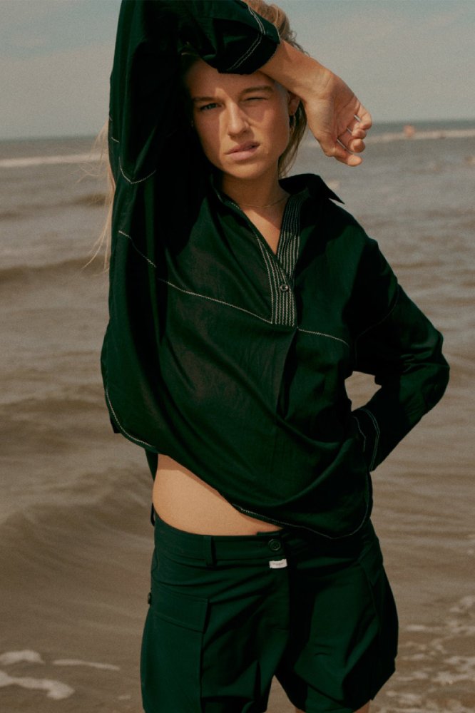 PENN&INK N.Y Bluse Tunika Kontrastnähte Baumwolle Schwarz Ecru Model 2
