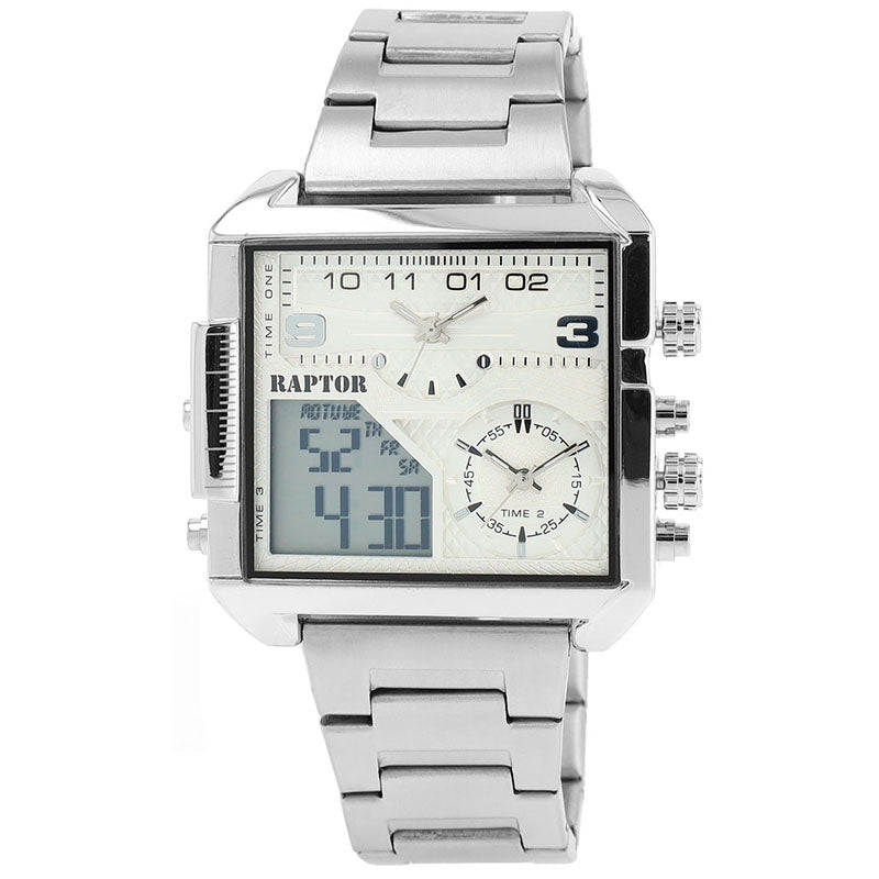 Raptor Chronograph Domian Eckiges Gehäuse Edelstahlarmband Silber Digital- und Analoganzeige Weiß 46 mm