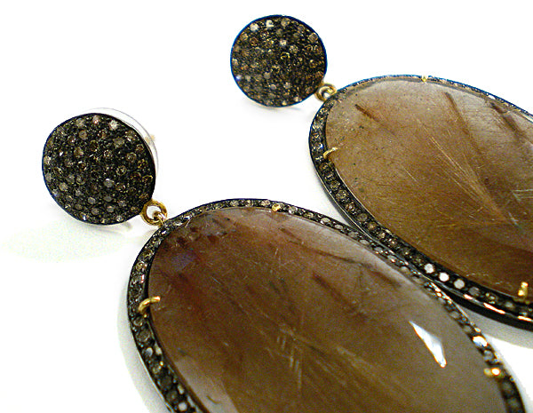 Statement-Ohrringe Rutilquarz Braune Brillanten 925 Sterling Silber 585 Gold Unikat 6 cm Detail