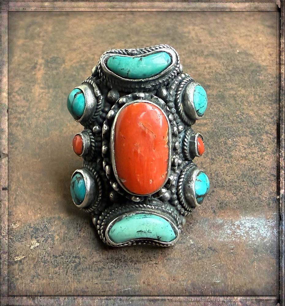 Bohemian Steinring Unikat 925 Sterling Silber Massiv Türkis Koralle Größenverstellbar Boho-Style