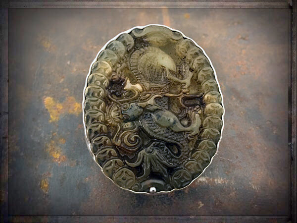 Steinring Chinesische Jade Geschnitzt Gross Oval Sterling Silber Größenverstellbar Unikat