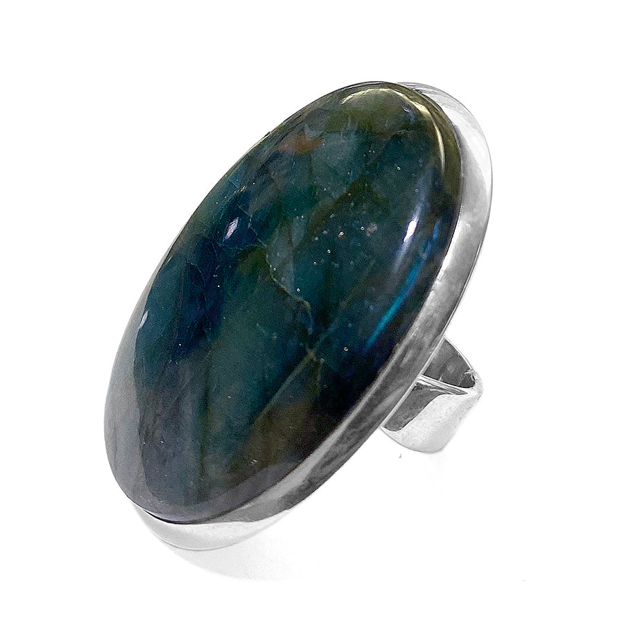 Labradorit-Ring Oval Groß 925 Sterling Silber Unikat Größenverstellbar Seitlich