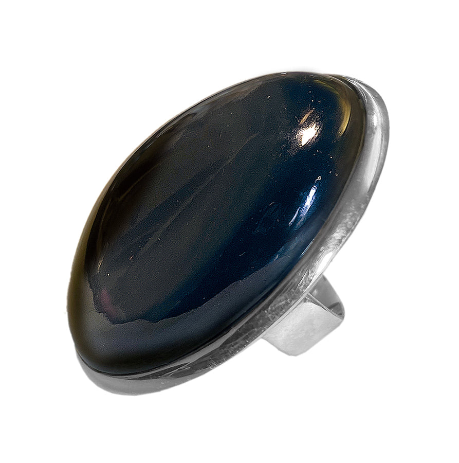 Steinring Regenbogenobsidian Schwarz Unikat Sterling Silber Größenverstellbar Seitlich