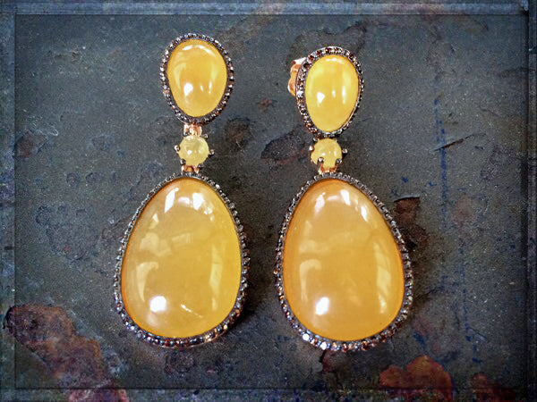 Statement-Pendelohrringe Orangen-Calcit Cabochon Pavé-Zirkonia Braun Sterling Silber Rosé Plattiert Unikat