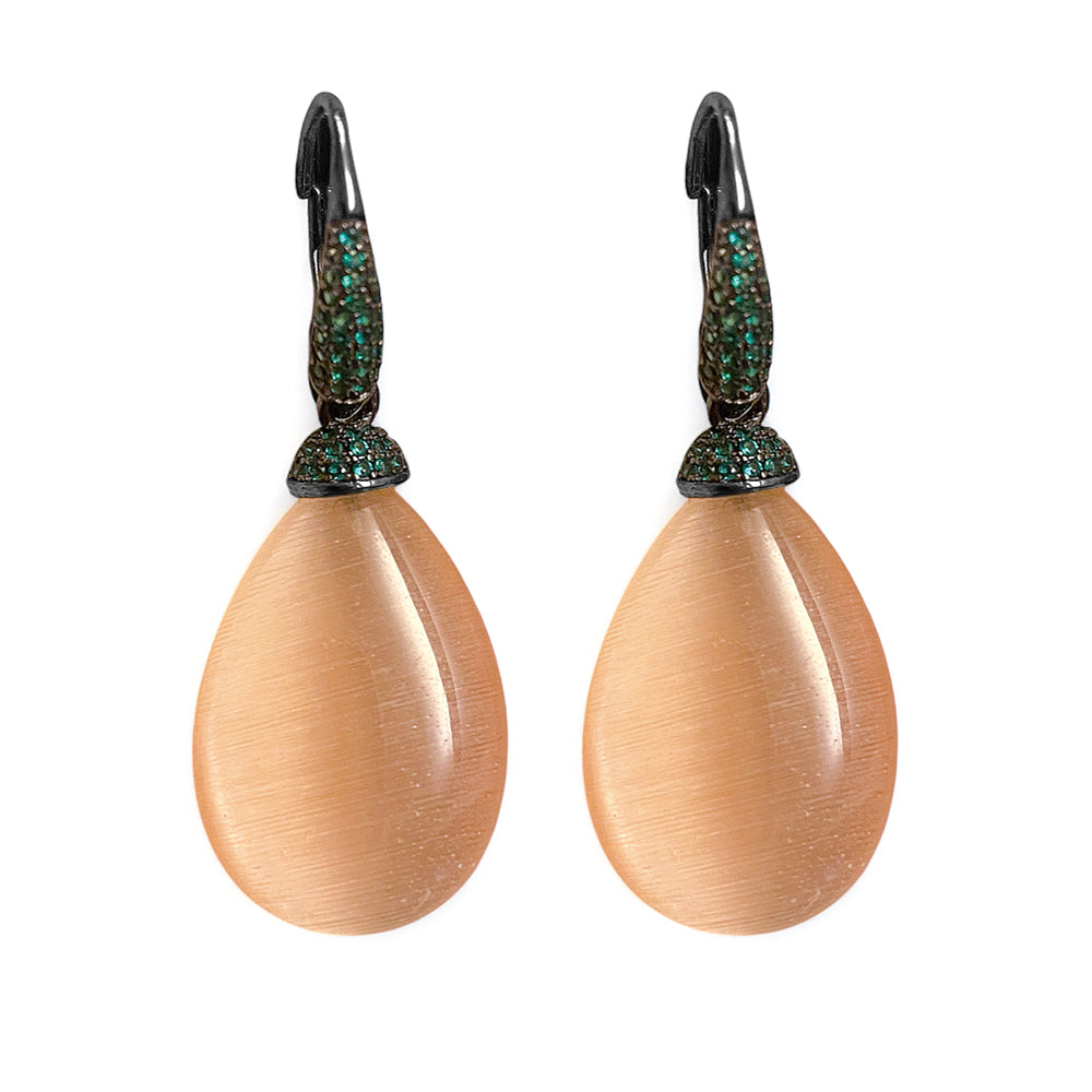 Ultima Edizione Tropfen-Ohrringe Pendel Zirkonia Pavé Grün Cabochon Apricot Mandarin Sterling Silber