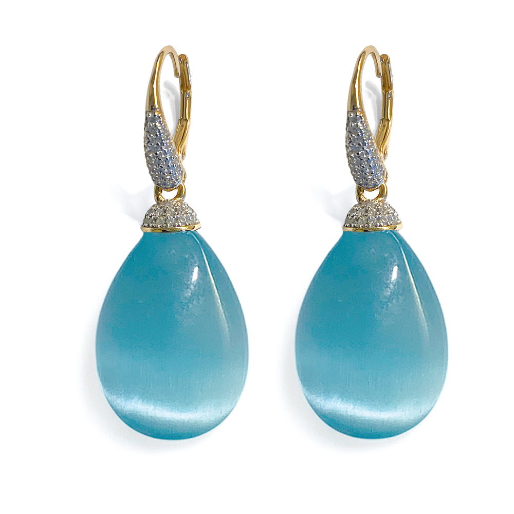 Ultima Edizione Tropfen-Ohrringe Pendel Zirkonia Pavé Weiß Cabochon Aqua Türkis Sterling Silber Vergoldet