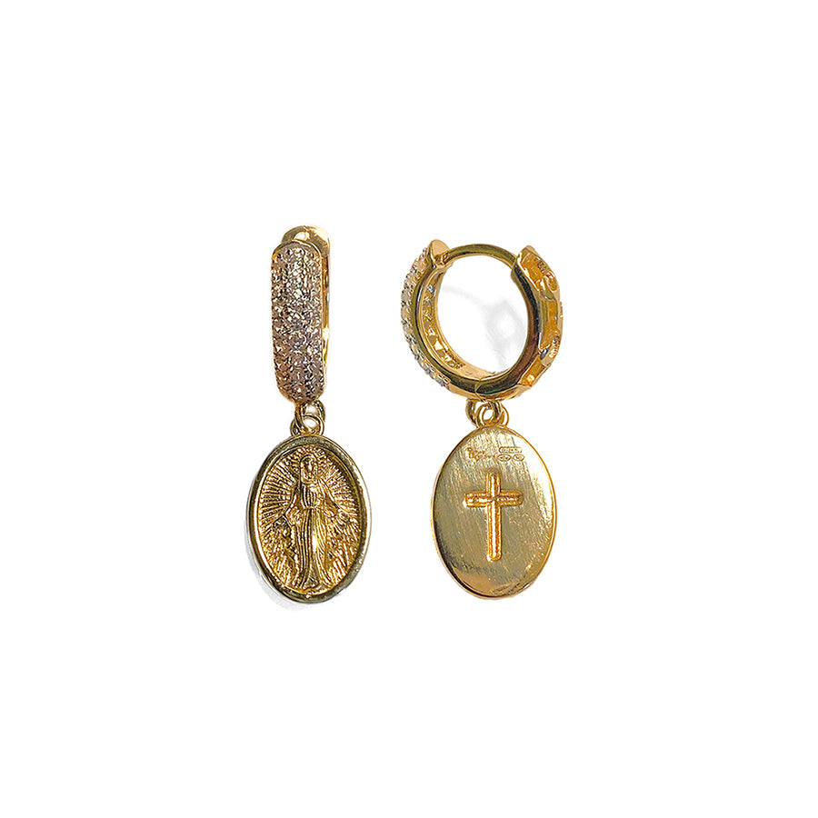Ultima Edizione Scharniercreolen Klein Madonna Anhänger Kreuz Pavé Zirkonia 925 Sterling Silber Gold Plattiert