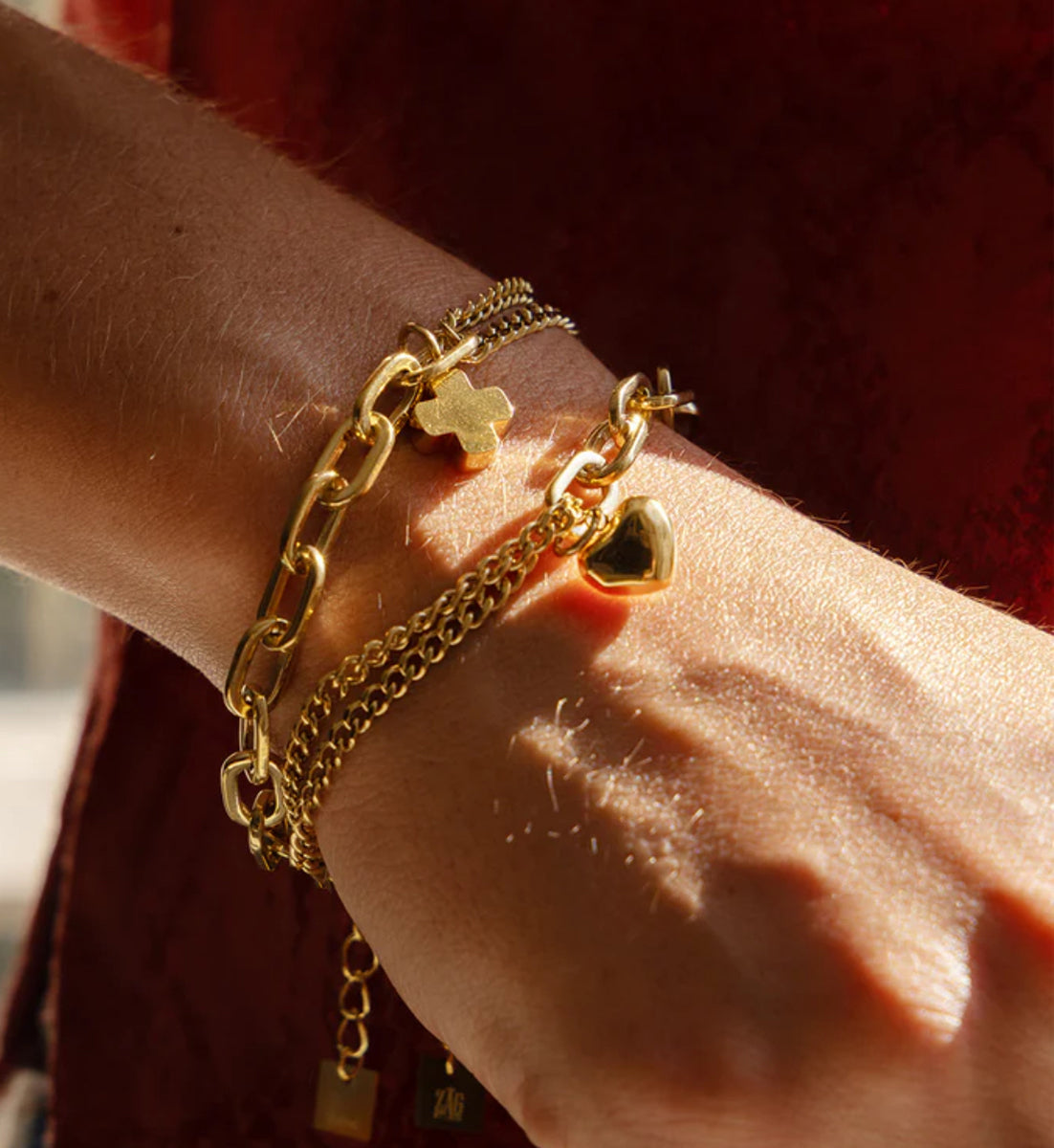 ZAG Bijoux Armbänder Zweireihig Panzermuster Kreuz-Anhänger Edelstahl Gold Plattiert