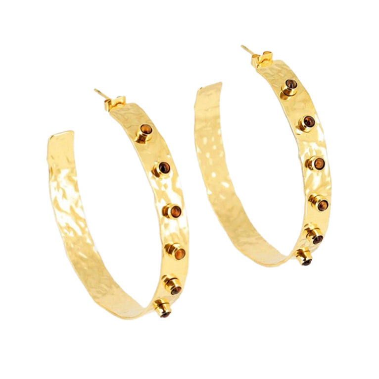 ZAG Bijoux Boho Creolen Gehämmert Tigerauge 5 cm Gold Plattiert Edelstahl