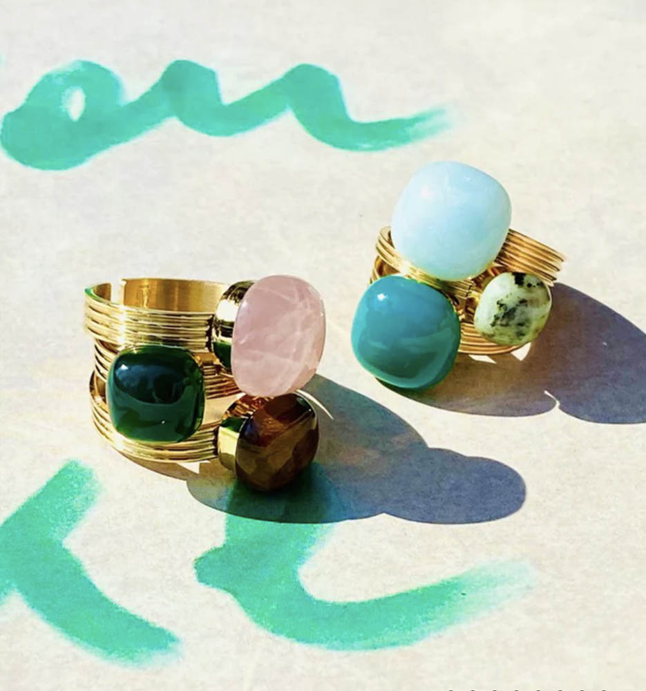 ZAG Bijoux Steinringe Cabochon Vergoldet Edelstahl Größenverstellbar Stacking-Look