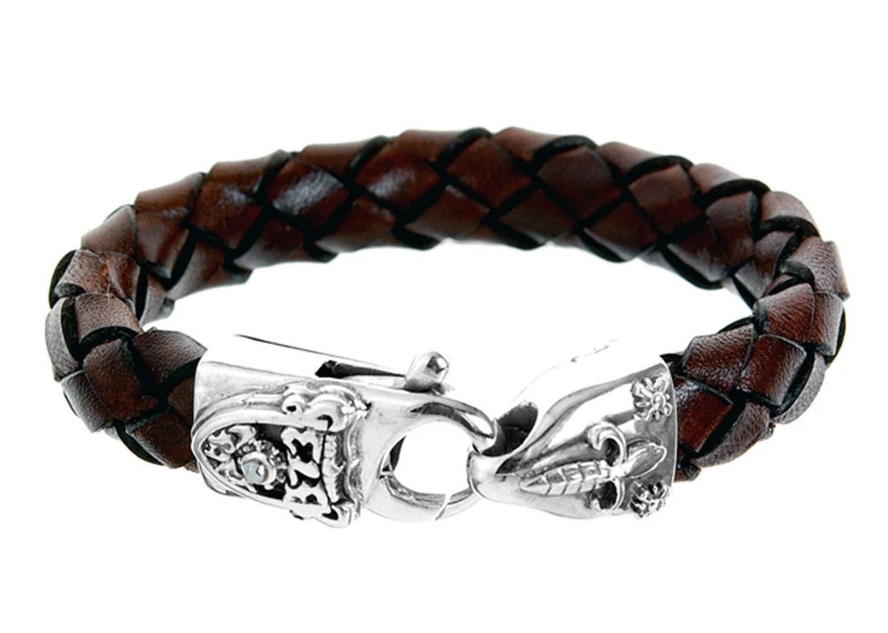 Elfcraft Lederarmband Geflochten Dunkelbraun 13 mm Breit Lilien-Karabiner Meteorit 925 Sterling Silber Massiv Unise