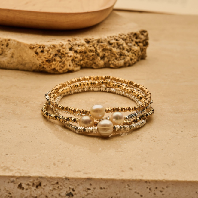 Biba Armbänder Facettiert Süsswasserperle Vergoldet Versilbert Stacking Beads Dehnbar