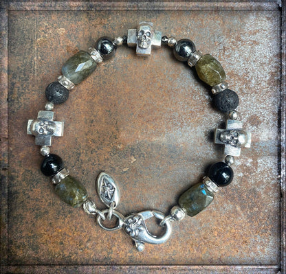 ELFCRAFT | Armband | Bracelet Silver & Skull Crosses & Rock Beads | Black Diamonds | Labradorit