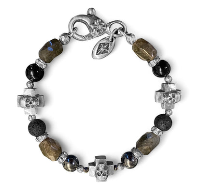 ELFCRAFT | Armband | Bracelet Silver & Skull Crosses & Rock Beads | Black Diamonds | Labradorit