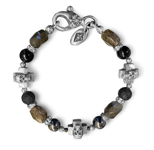 ELFCRAFT | Armband | Bracelet Silver & Skull Crosses & Rock Beads | Black Diamonds | Labradorit