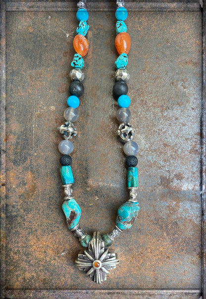 ELFCRAFT | KETTE | Beads & Rock | Greek Cross Morning Star | Carnelian Cabochon