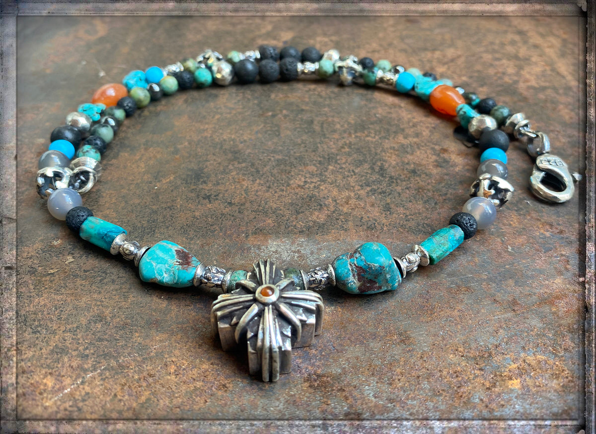 ELFCRAFT | KETTE | Beads & Rock | Greek Cross Morning Star | Carnelian Cabochon