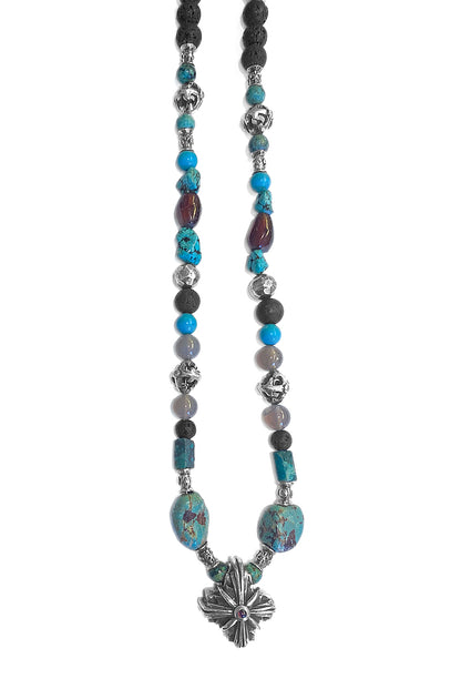 ELFCRAFT | KETTE | Beads & Rock & Blades Balls | Greek Cross Morning Star | Garnet Cabochon
