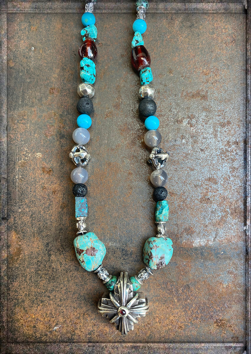 ELFCRAFT | KETTE | Beads & Rock & Blades Balls | Greek Cross Morning Star | Garnet Cabochon