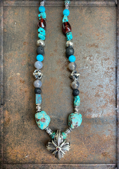 ELFCRAFT | KETTE | Beads & Rock & Blades Balls | Greek Cross Morning Star | Garnet Cabochon