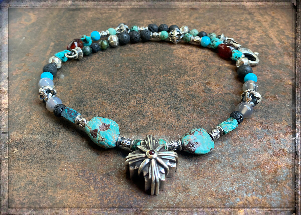 ELFCRAFT | KETTE | Beads & Rock & Blades Balls | Greek Cross Morning Star | Garnet Cabochon