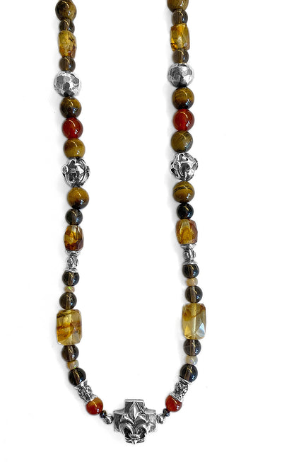 Elfcraft Steinkette Lilien-Kreuz 925 Sterling Silber Massiv Bernstein Tigerauge Rauchquarz Carneol Opal 60 cm Lang Unisex