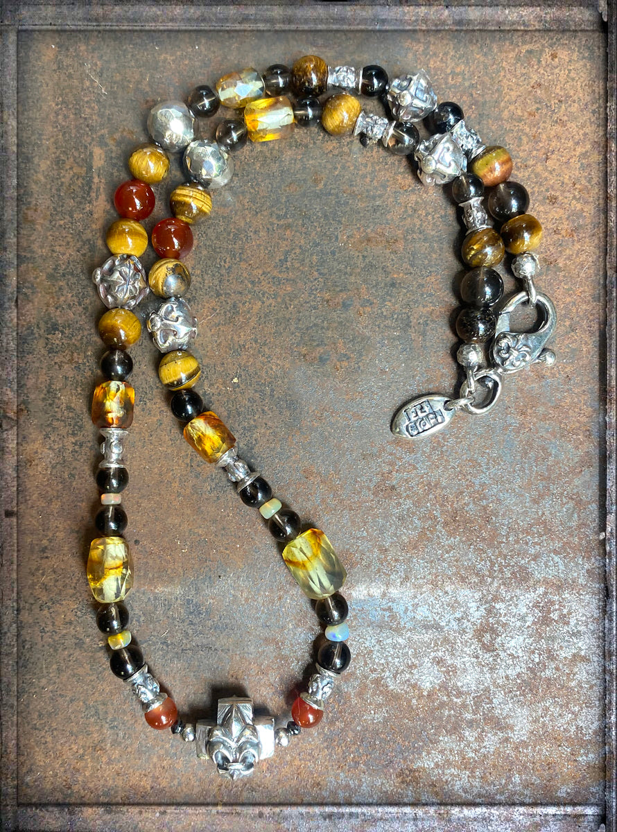 Elfcraft Steinkette Lilien-Kreuz 925 Silber Massiv Bernstein Tigerauge Rauchquarz Carneol Opal 60 cm Lang Unisex