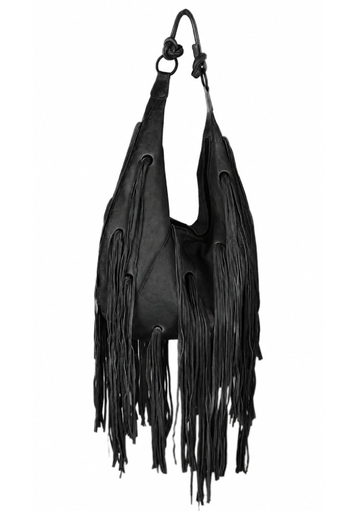 Fransentasche Boho XL-Shopper Weiches Leder Schwarz Gypsy-Style Pflanzlich Gefärbt Rehard