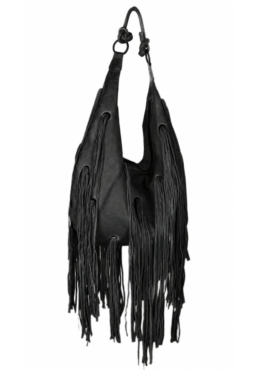 Fransentasche Boho XL-Shopper Weiches Leder Schwarz Gypsy-Style Pflanzlich Gefärbt Rehard