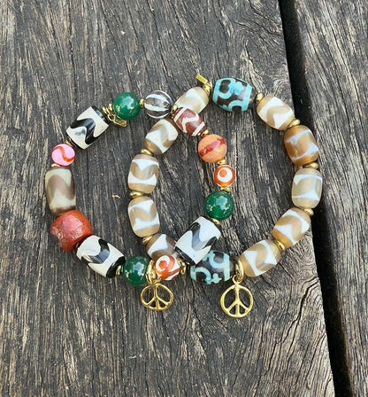 ICON Design Living Peace-Armband India Butan Peace Vergoldet Tibetan-Stein-Perlen Bunt Boho Dehnbar