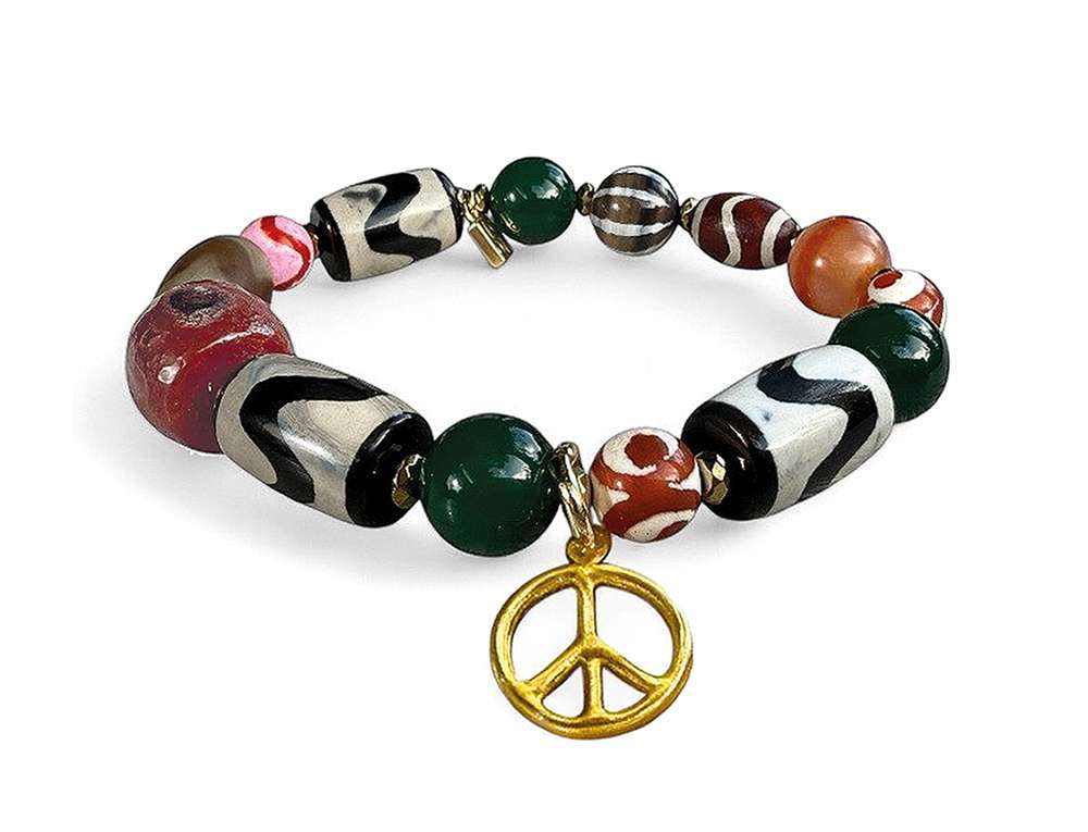 ICON Design Living Armband India Peace-Anhänger Vergoldet Tibetan-Stone-Perlen Bunt Dehnbar