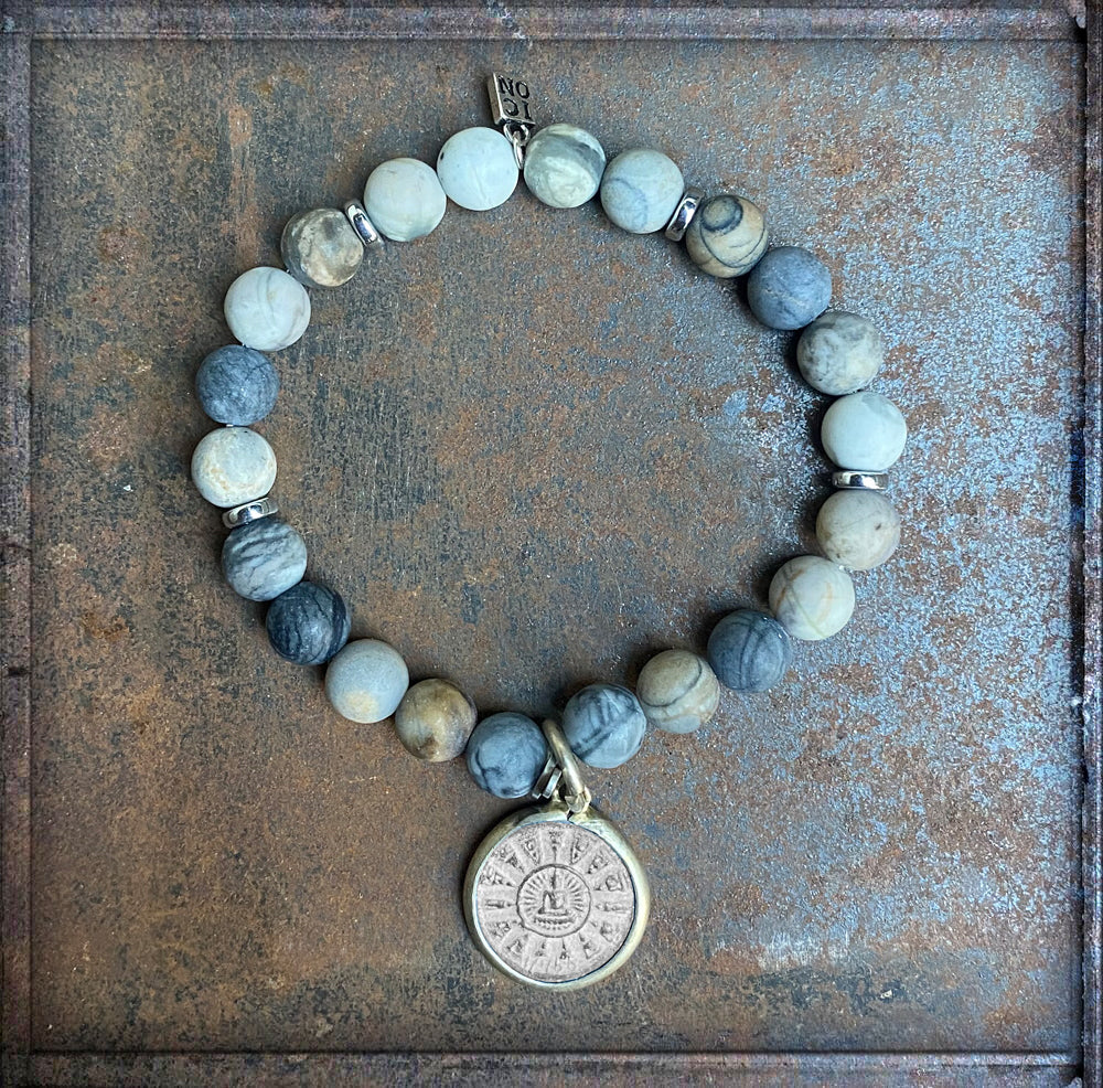 ICON Design Living Buddha-Armband Amulett Picasso-Jaspis Grau Dehnbar
