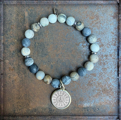 ICON Design Living Buddha-Armband Amulett Picasso-Jaspis Grau Dehnbar