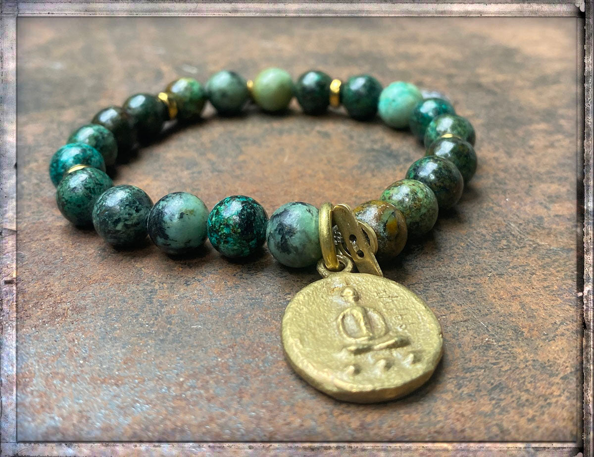 ICON Design Living Armband Buddha-Anhänger Shanti Vergoldet Afrikanischer Türkis