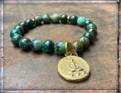 ICON Design Living Armband Buddha-Anhänger Shanti Vergoldet Afrikanischer Türkis