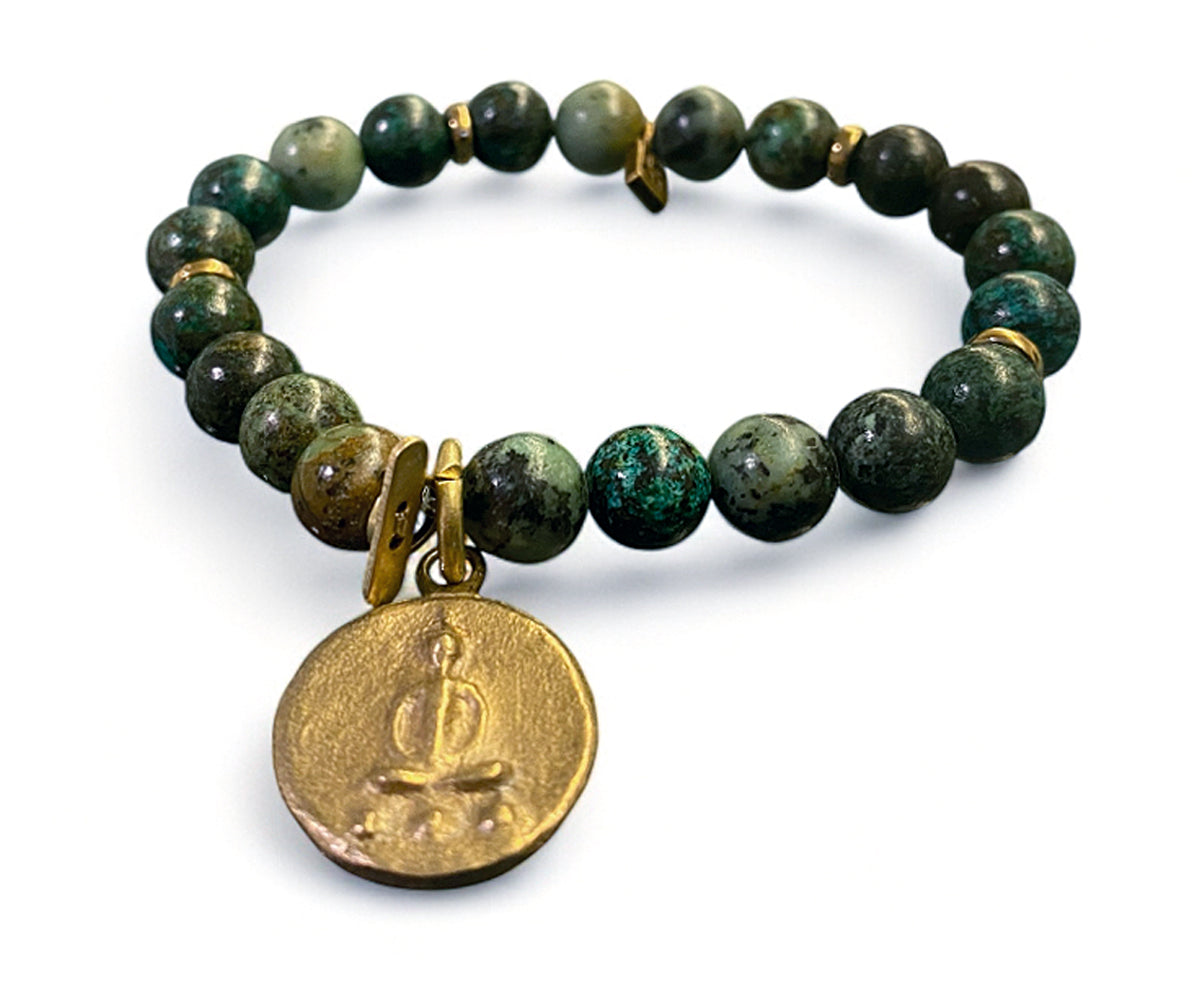 ICON Design Living Armband Buddha-Anhänger Shanti Vergoldet Afrikanischer Türkis Dehnbar