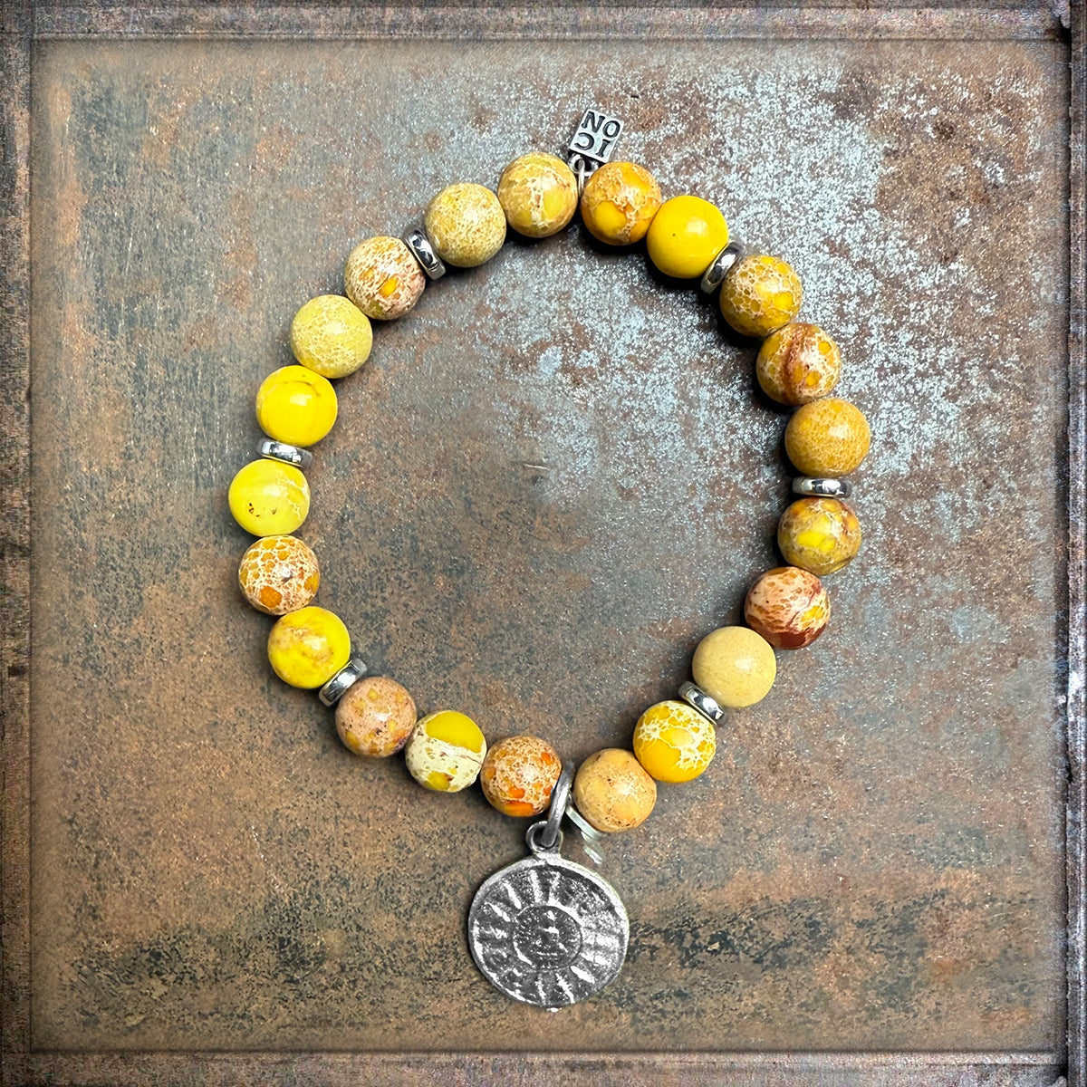 ICON Design Living Buddha-Armband Shanti Silber Jaspis Gelb 8 mm Dehnbar