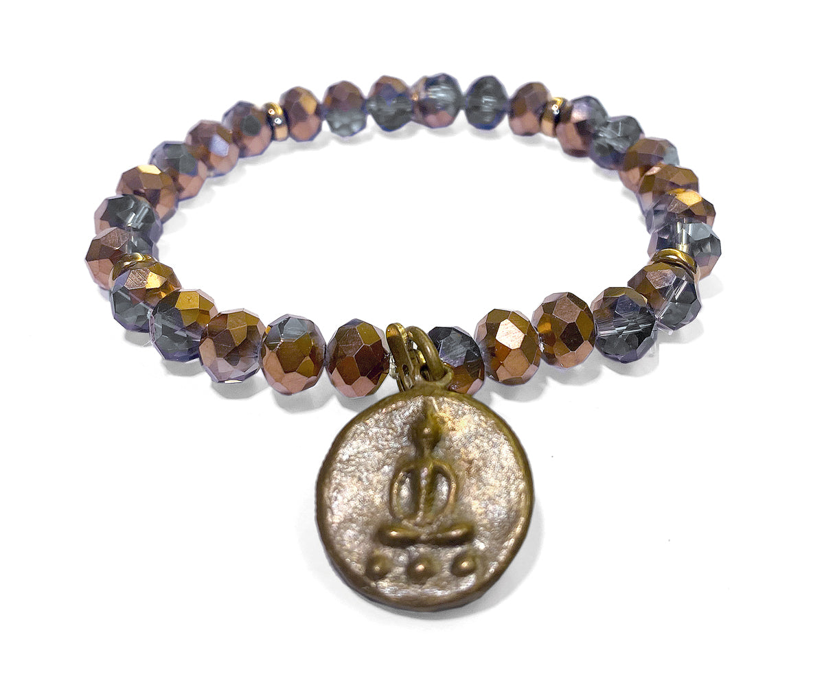 ICON Design Living Buddha-Armband Kristallperlen Facettiert Rosé Grau Amulett Vergoldet Dehnbar