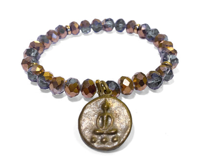 ICON Design Living Buddha-Armband Kristallperlen Facettiert Rosé Grau Amulett Vergoldet Dehnbar