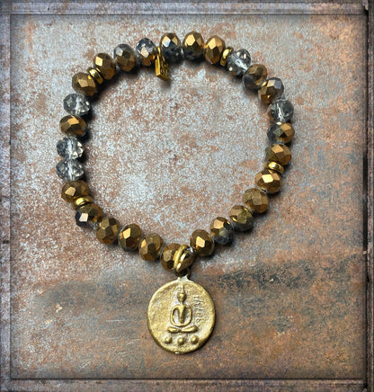 ICON Design Living Buddha-Armband Kristallperlen Facettiert Roségold Grau Amulett Vergoldet Dehnbar