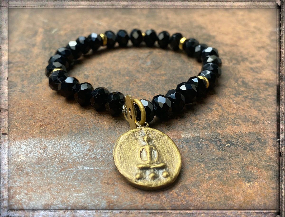 ICON Design Living Buddha-Armband Kristallperlen Facettiert Schwarz Amulett Gold Plattiert Dehnbar
