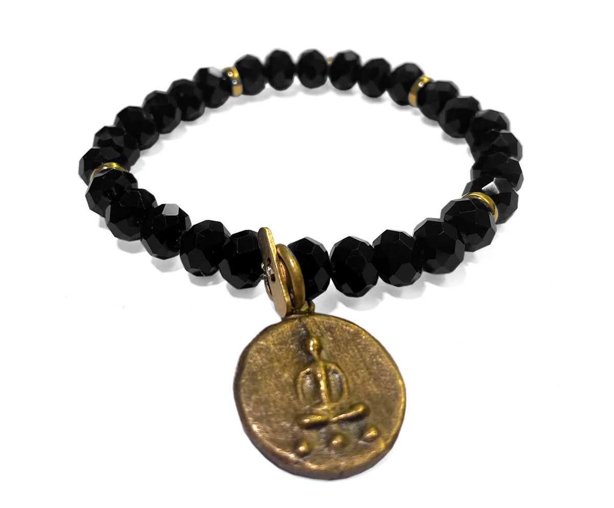 ICON Design Living Buddha-Armband Kristallperlen Facettiert Schwarz Amulett Vergoldet Dehnbar